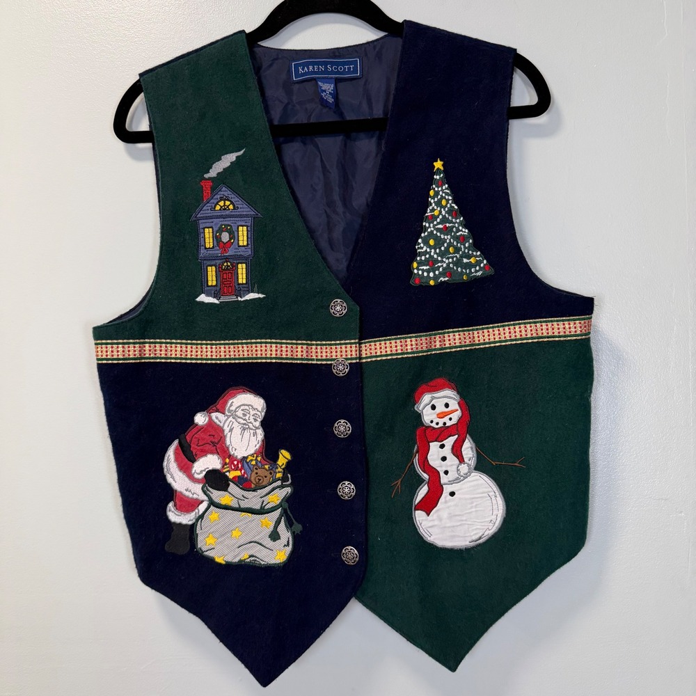 Vintage Karen Scott‎ Christmas Vest Womens Medium Navy Green Santa Snowman Tree